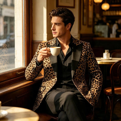 Men's Leopard Print Tuxedo Blazer Satin Lapel Slim Fit One Button Suit Jacket Party Club Stage Wedding Dinner Formal Coat