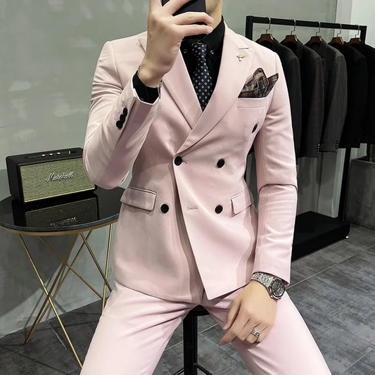 2022 New Pale Pink Men's Suit 3 Pieces Double-Breasted Lapel Formal Slim Fit Casual Tuxedos For Wedding (Blazer+Vest+Pants)