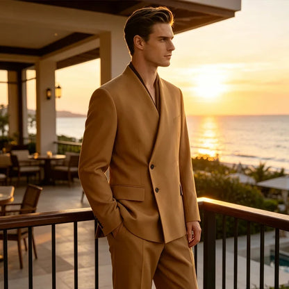 Men's 2-Piece Suit No Lapel Cross V-Neck Loose Blazer & Trousers – Wedding & Formal Occasions