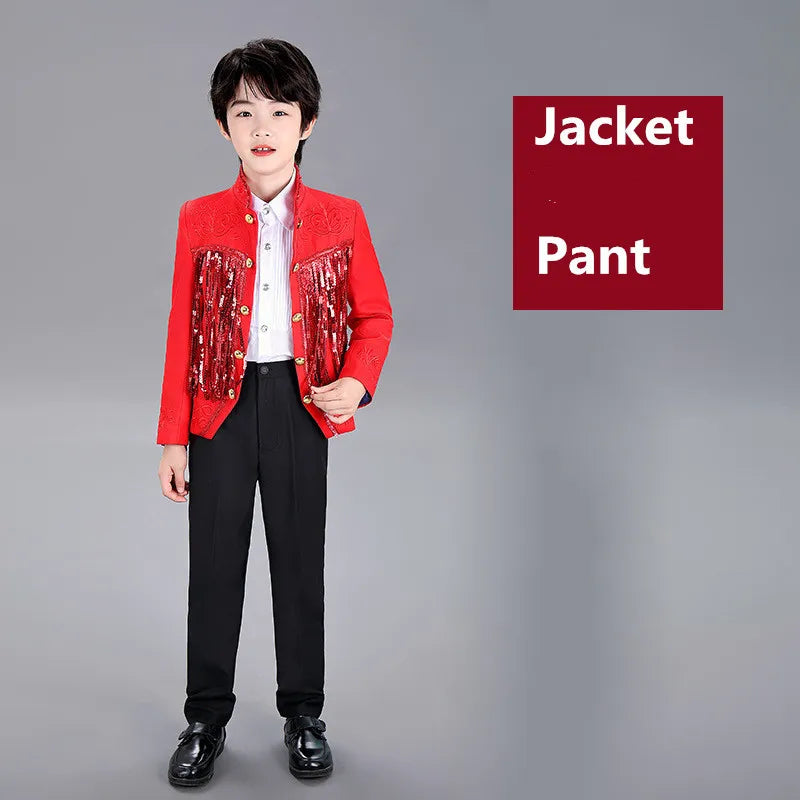 Boys Sequenant 2 Pieces/Set Jacket Pants Embroidery Paino Host Performance Dress Kids Stage Show Photography Suit Children's Set