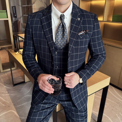 Men's 3-Piece Slim Fit Plaid Suit – Jacket, Vest & Pants for Weddings, Office & Formal Occasions