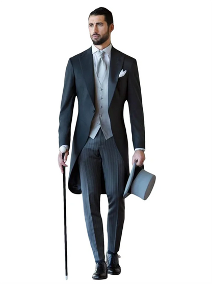 3 Pieces Men's Tailcoat Suit  Formal Wedding Business One Button Suit Jacket Waistcoat Stripe Trousers