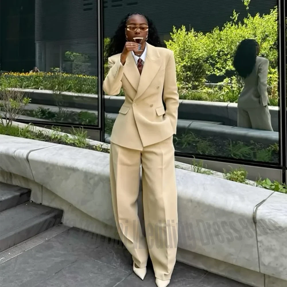 Stylish Women Double Breasted Blazer 2 Piece Suit Peak Lapel Loose Casual Female Outfit For Business Office Wedding Guest
