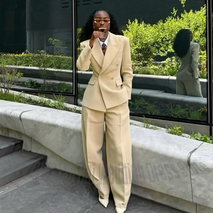 Stylish Women Double Breasted Blazer 2 Piece Suit Peak Lapel Loose Casual Female Outfit For Business Office Wedding Guest