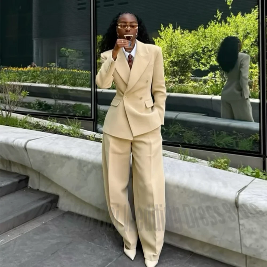 Stylish Women Double Breasted Blazer 2 Piece Suit Peak Lapel Loose Casual Female Outfit For Business Office Wedding Guest