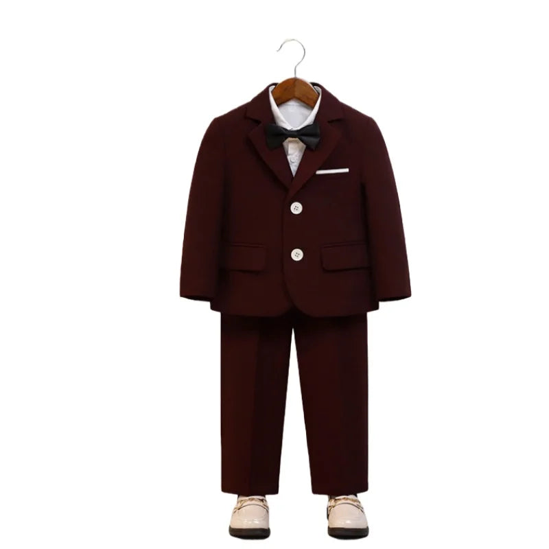 Kids 4Pieces Cerenmony Suit Set With Jacket Vest Pants Bowite Flower Boys Wedding Dress Children Birthday Photography Outfit
