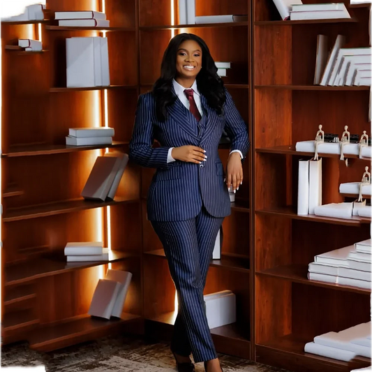 Women Navy Blue Stripe Suit Set Peak Lapel Blazer Vest Pants Slim Fit Single Breasted Sophisticated Formal Outfit 3 Pieces