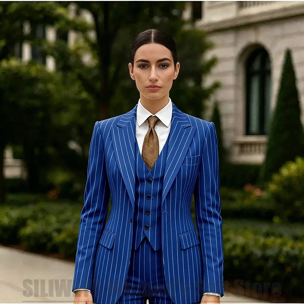 White Striped Women Suit 3 Piece Chic Peak Lapel One Button Blazer Vest Pants Formal Office Business Wedding Party Wear