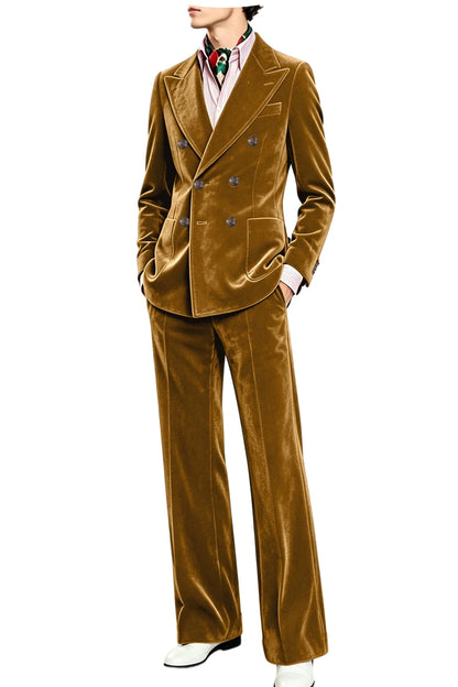 Men's Velvet Suit 2 Piece Double Breasted Peak Lapel Blazer & Straight Leg Pants for Formal & Wedding