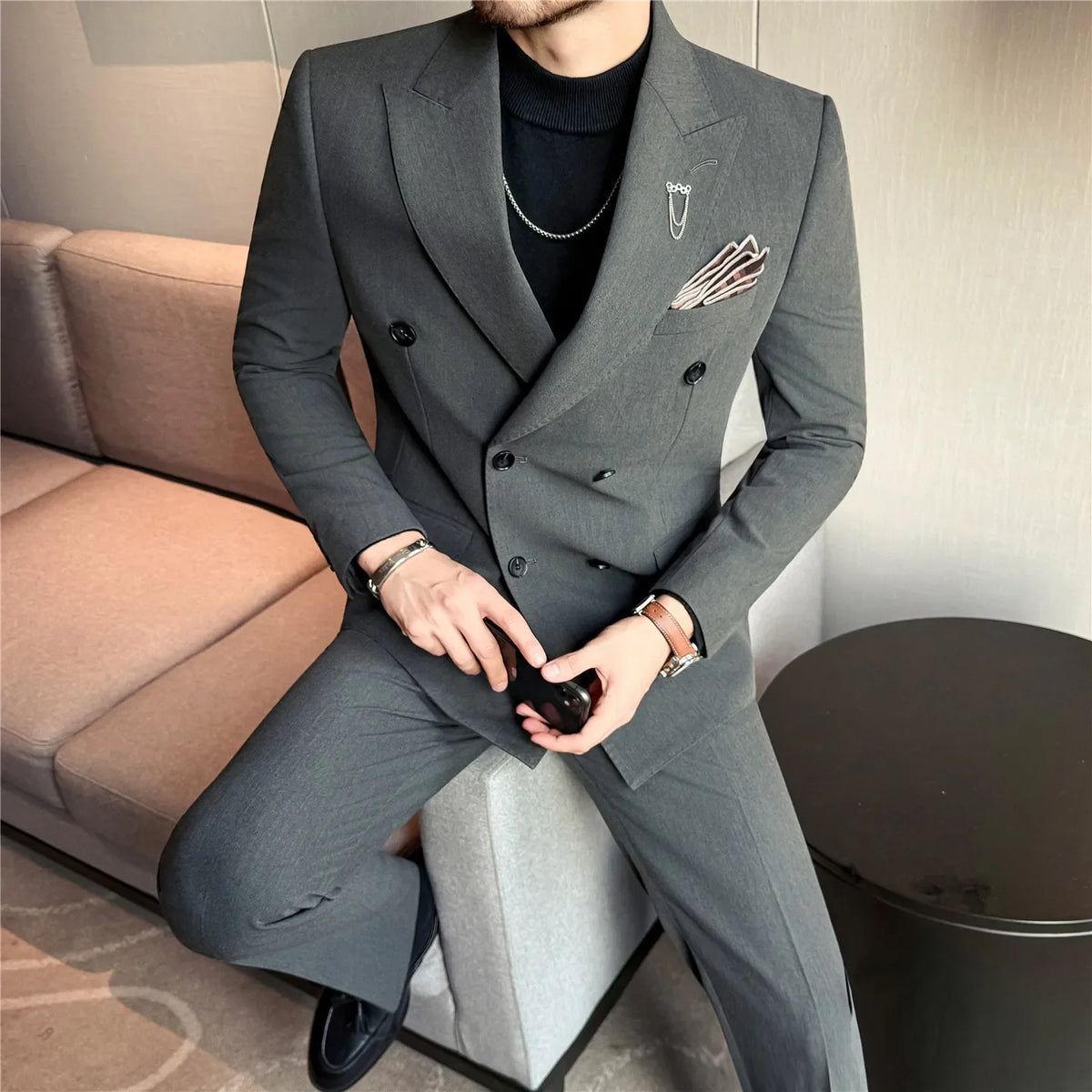 (Jacket + Pants) Fashion Double Breasted Design Slim Men's Suit Italian Style Luxury Wedding Social Party Tuxedo 2 Piece Sets