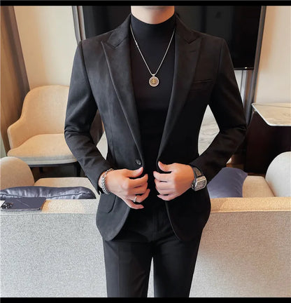 2024 Autumn Winter Men's Suede Suit Jacket High End Business Casual Blazers Slim Fit Wedding Groom Street Wear Social Dress Coat