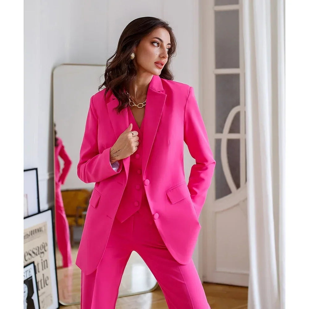 Rose Solid Woman Suits 3 Piece Fashion Notch Lapel Single Breasted Formal Casual Office Lady Pants Sets (Blazer+Vest+Pants)