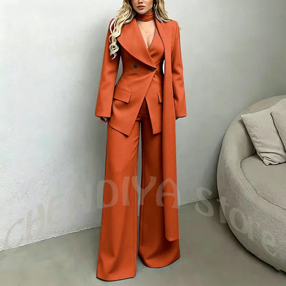 Classic Black Women Suit Set Double Breasted Asymmetrical Blazer Pants with Muffler Formal Office Elegant Two Piece Outfit