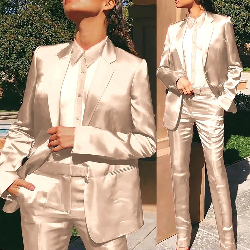 Women’s Red Satin Suit 2 Piece (Jacket+Pants) Set Gorgeous Single-breasted Blazer for Evening Party Formal Cocktail Streetwear