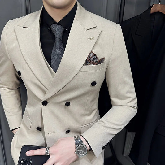 Men's 3 Piece Double‑Breasted Suit Set Slim Fit Solid Color Business Casual Wedding Party Jacket Vest Pants Male Formal Outfit