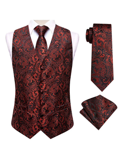 Men's Double Breasted Suit Vest Set Red Paisley Floral Jacquard Waistcoat with Tie and Pocket Square for Formal Occasions