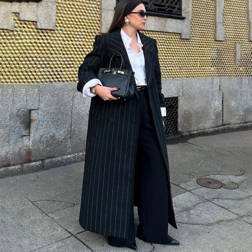 Stylish Women Black Striped Suit Double Breasted Oversized Long Jacket+Pants 2 Pieces Set Formal Party Female Power Outerwears