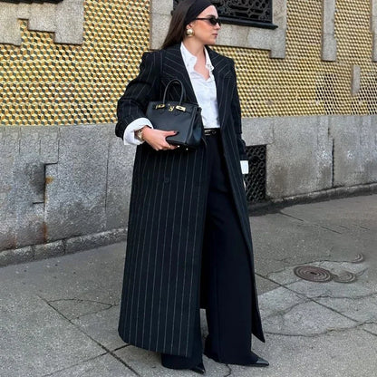 Stylish Women Black Striped Suit Double Breasted Oversized Long Jacket+Pants 2 Pieces Set Formal Party Female Power Outerwears