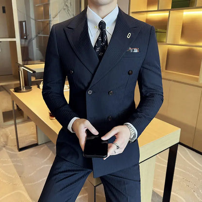 Korean Slim Fitt Wedding Suit Fashion Striped Double Breasted Suit 3 Piece Set Business Formal Casual Party Prom Host Suits
