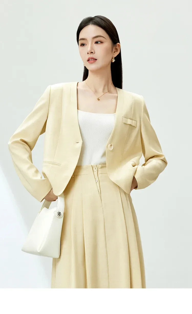 Women Cropped Blazer 2026 Autumn Loose One Button V Neck Jacket Ladies Straight Elegant Commuter Short Coat 141X53363