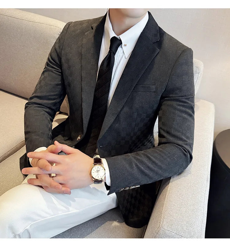 2024 Spring Plaid Blazers Men Single Breasted Casual Business Suit Jacket Fashion Slim Social Banquet Wedding Groom Dress Coats