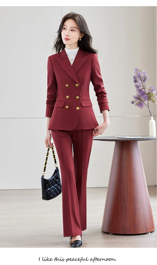 Autumn Double Breasted Blazer Trousers Suit Two Pieces Womens Outfit Elegant Chic Formal Business Top and Pants Sets Red