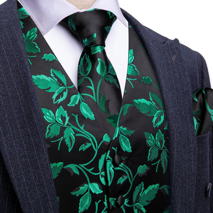 Vest Men Formal Green Floral Dobby Waistcoat Wedding Party Suit Set