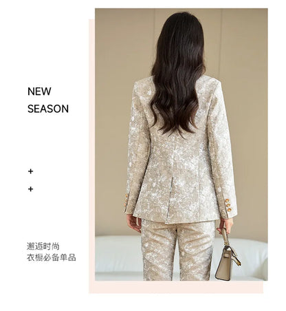 Fashion Apricot Printing Women Pant Suit Elegant Business Office Ladies 2 Piece Set Female Formal Blazer And Trouser