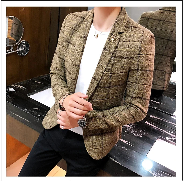 2025 New Men's Casual Plaid Suit Jacket Male Linen Plaid Business Self-cultivation Wedding Dress Party Suit Coat Plus Size S-5XL