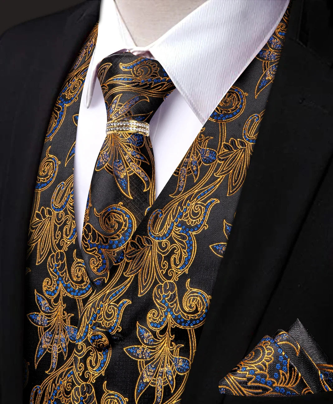 Men's Vest 5-Piece Set Black Gold Scroll Jacquard V-Neck for Banquets and Vintage Theme Events
