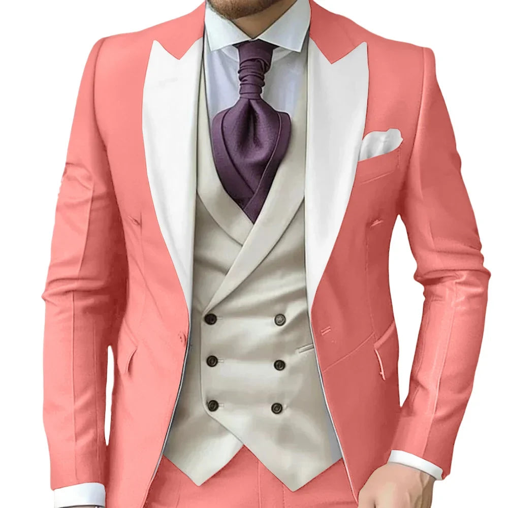 Fashionable Contrast Color Men's Suits 3 Pieces Jacket Vest Pants Dancing Sets Handsome Peak  Lapel Suit Set For Men Party Wear