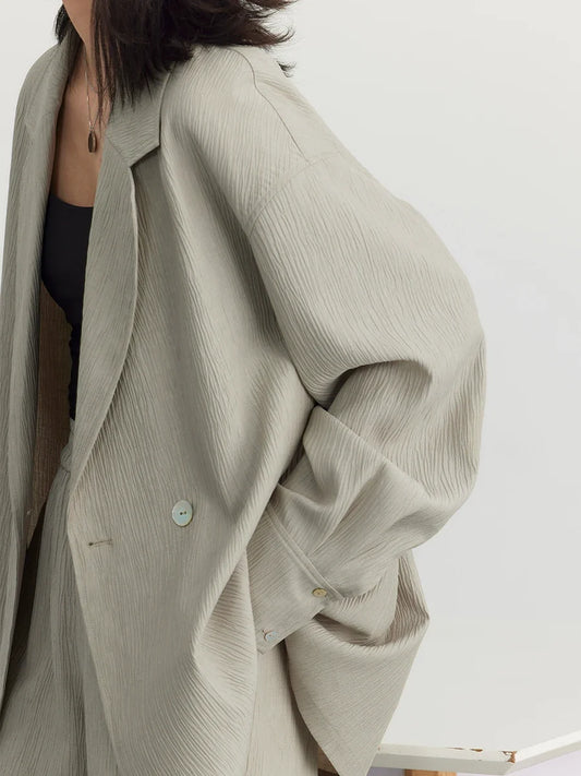 Women's Blazer Solid Casual Long Sleeve Jacket Texture Thin Suit Coat Shorts Office Lady Tops 2023 Summer New Fashion