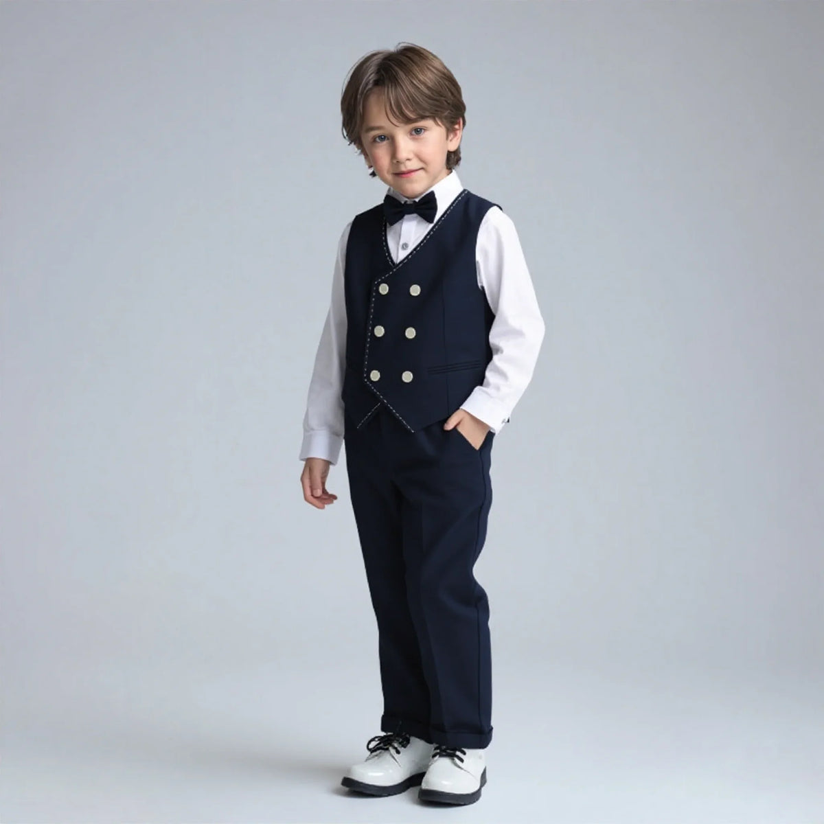 Gentlman Boys Formal Wedding Suit Set Kids Blazer Vest Pants Bowtie Brooch 5Pieces Clothes Set Children's Performance Costume