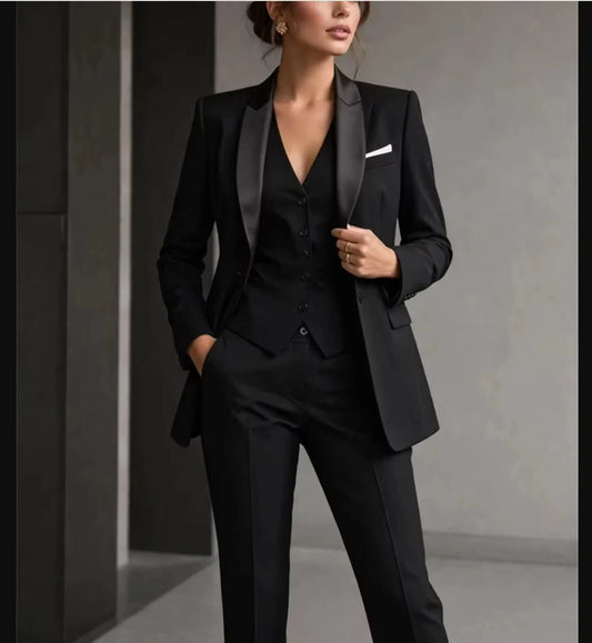 Luxury Women's Black 3-Piece Suit Elegant Suit with Satin Collar Wedding Guest Formal Suit Business Wear Jacket+Vest+Pant