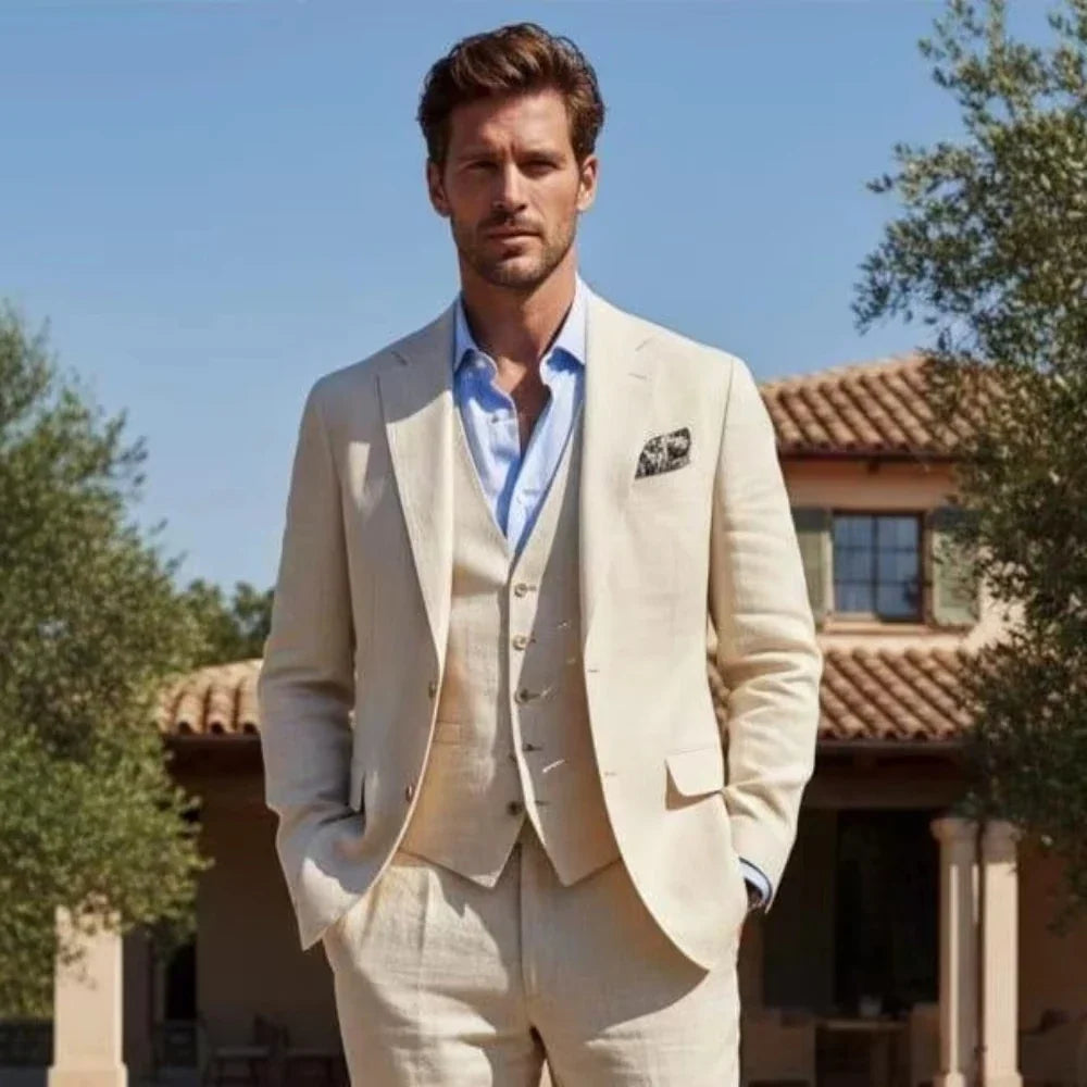 Men's Beige Linen 3-Piece Suit – Peak Lapel Blazer, Vest & Pants for Formal & Business Occasions