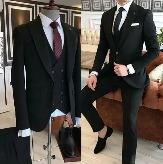Tailor Made Black Peak Lapel One Button Suit Men Slim Fit Groom Tuxedos Business Prom Terno 3 Pieces（Blazer+Vest +Pant）