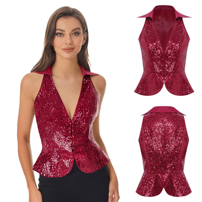 Fashion Sequins Vests Women's Tassel Sleeveless Waistcoat Jazz Dance Costume Shiny Vest 80s Disco Music Festival Party Clubwear