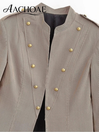 Women Military Style Cropped Blazer Jacket Gold Button Slim Short Suit Coat Stand Collar Elegant Office Lady Outerwear