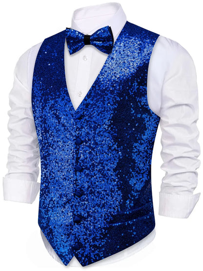 Men's Vest and Bow Tie Set – Silver-Gray Sequin – Party, Stage & Nightclub Wear