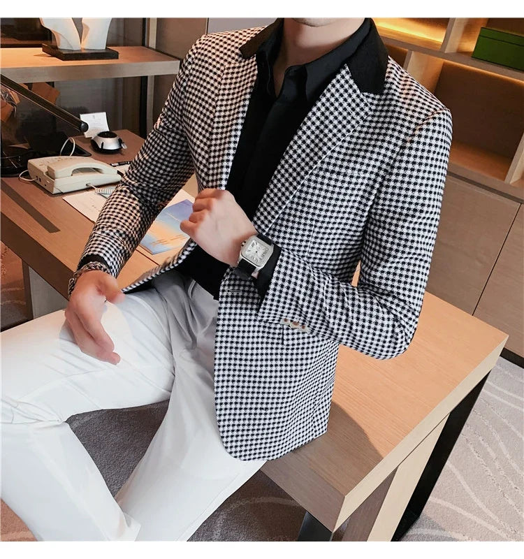 Men's High-Quality Fashion Suit Jacket Handsome Business Casual All-In-One Single-Breasted Checkered Design
