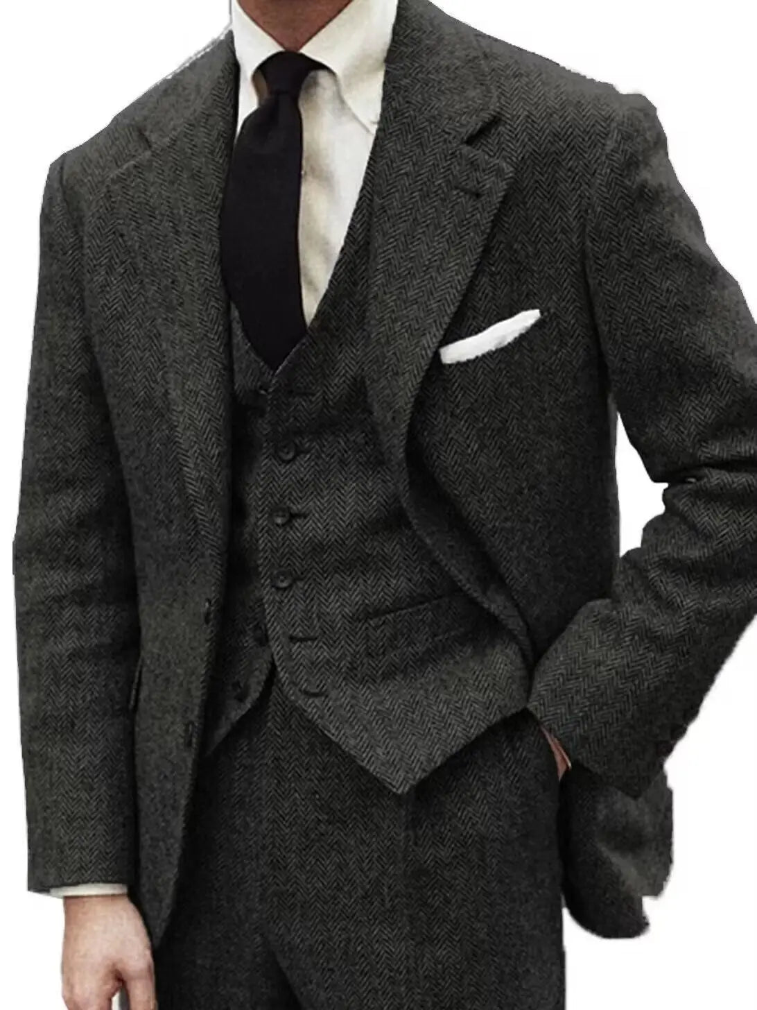 Men's Gray Wool Tweed Slim Fit 3 Piece Suit Winter Formal Herringbone Business Tuxedo Groom Male Clothes Jacket Vest Pants Set