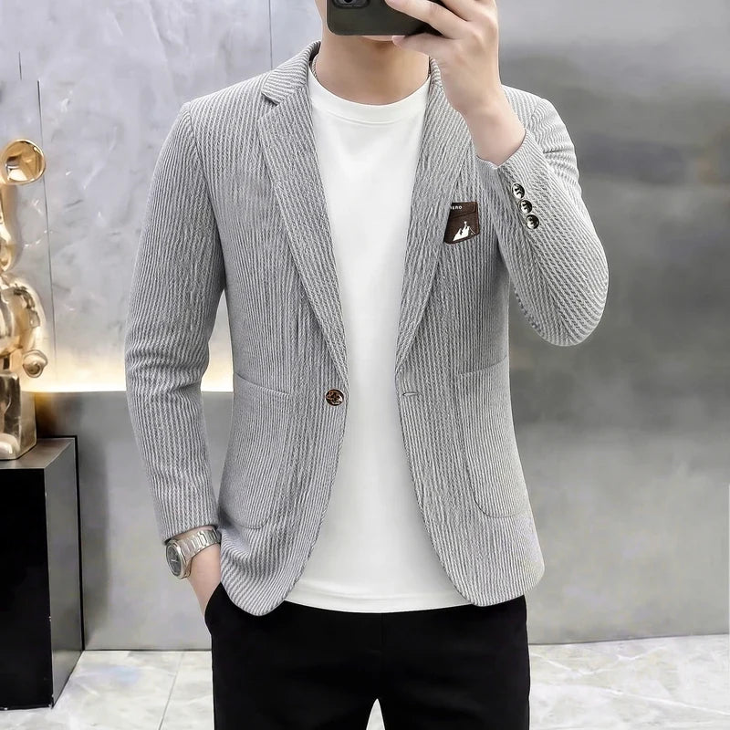 Autumn Winter Suit Jacket Men's Korean Slim Fit Striped Casual Blazers Wedding Business Streetwear Social Dress Jackets 2026