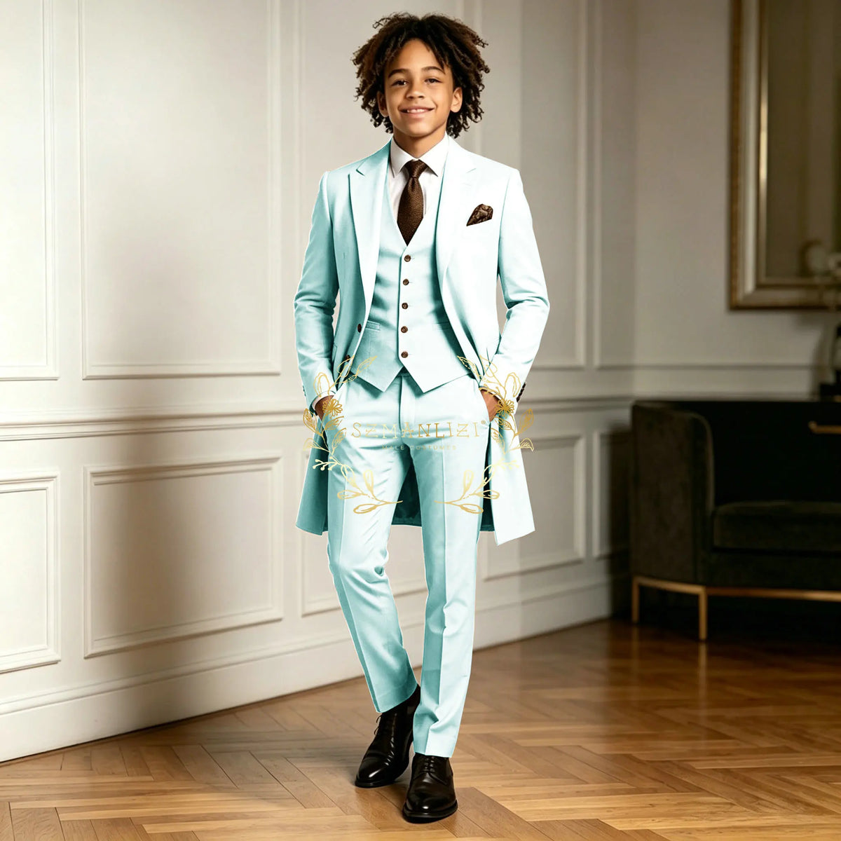 Premium Light Green Boys Formal Suit Sets 3 Pieces Long Jacket Vest Pants Occasion Wear For Wedding Party Banquet Performance