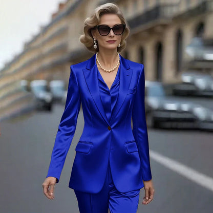 Women's Gold Satin Blazer Suit Set Stylish Single-Breasted Jacket+Pants Luxe Shiny Two-piece for Cocktail Party Wedding Guest