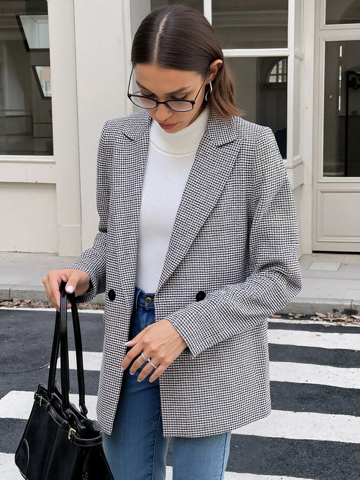 Spring Autumn 2026 Vintage Houndstooth Blazer Women Notched Loose Jacket Coat Women Clothing Female Casual 63997
