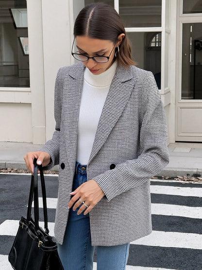 Spring Autumn 2026 Vintage Houndstooth Blazer Women Notched Loose Jacket Coat Women Clothing Female Casual 63997
