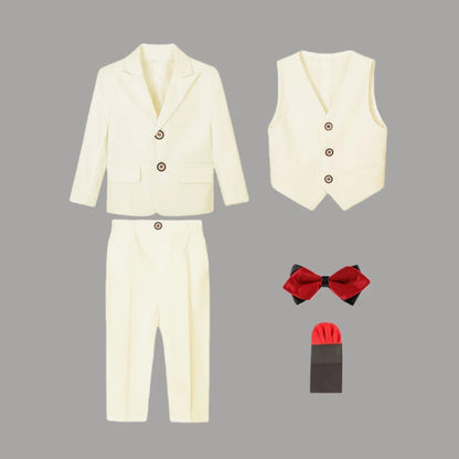 Kids White Suit Set Boy Formal Wedding Birthday Party Wear Children's Jacket Vest Pants Bowtie+Pocket Towel 5Pieces Clothes Set