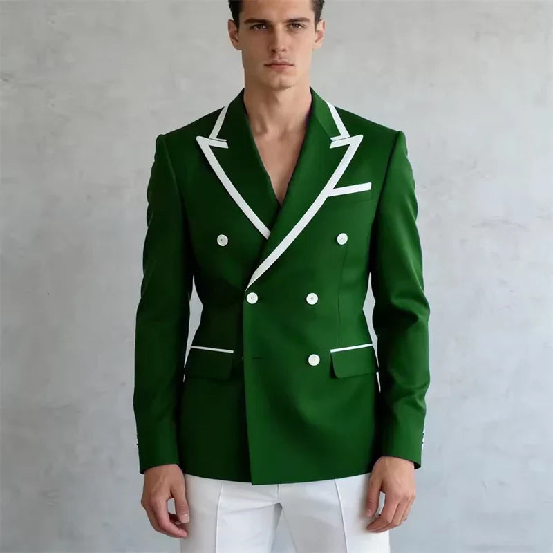 Double Breasted Slim Fit Blazer – Men's Formal Suit Jacket with White Contrast Piping
