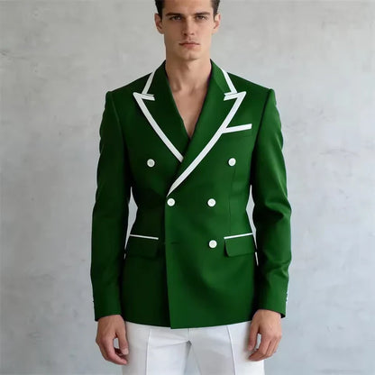 Double Breasted Slim Fit Blazer – Men's Formal Suit Jacket with White Contrast Piping