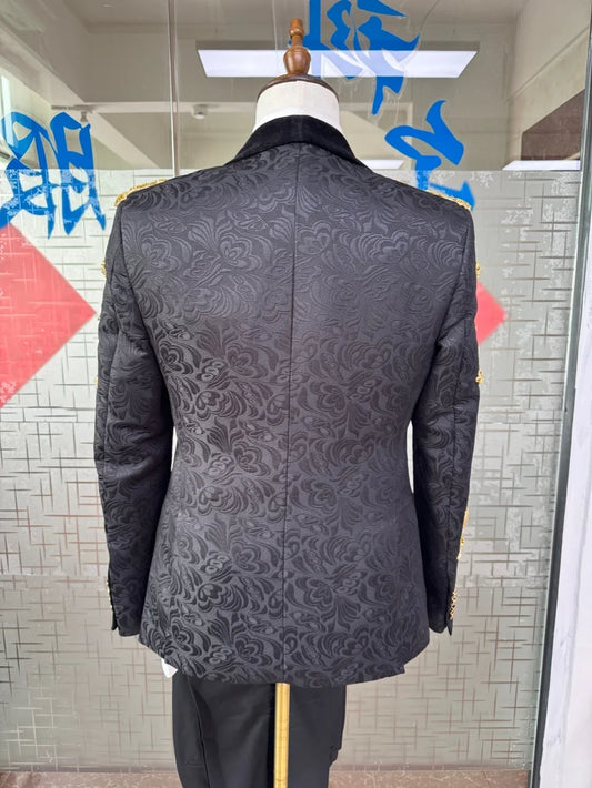 Men's Jacquard Black Slim Fit Suits 3 Pieces For Birthday Party Golden Embroidery Shawl Lapel Tuxedo For Man Wedding Groom Sets
